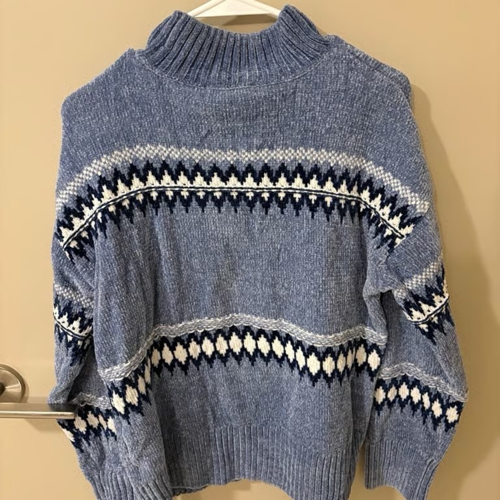 Cozy Blue Fair Isle Mock Neck Sweater